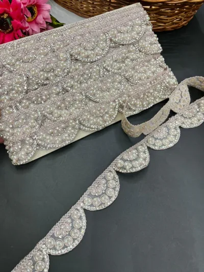 Pearl Scalloped Premium Gold Embroidered Designer Lace - Rose Gold